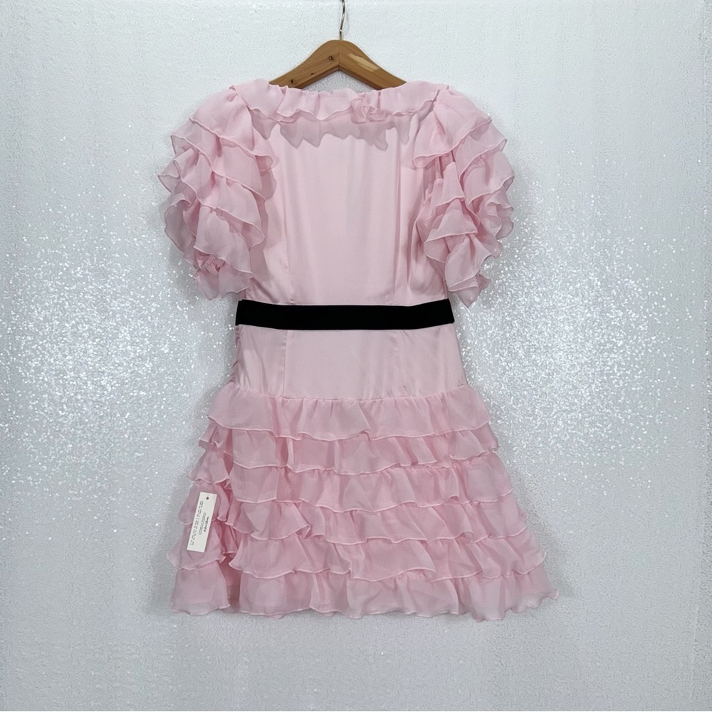 For Love & Lemons Danali Ruffle Pink Ruffle Mini Dress with Black bow - Picture 3 of 16